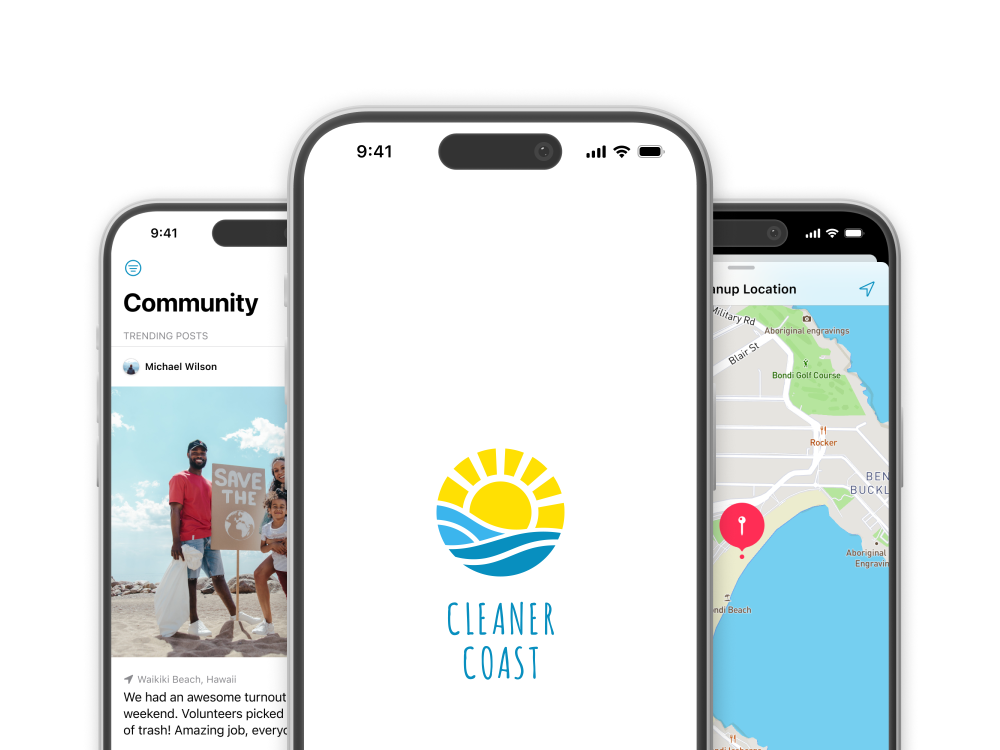Three iPhones showing the Community, Splash Screen, and Cleanup pages for the app