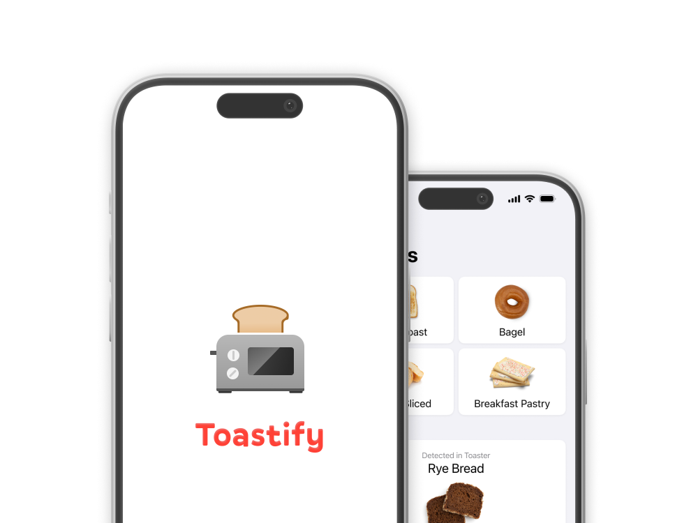 Two iPhones showing the Splash Screen and Home Screen pages for the app